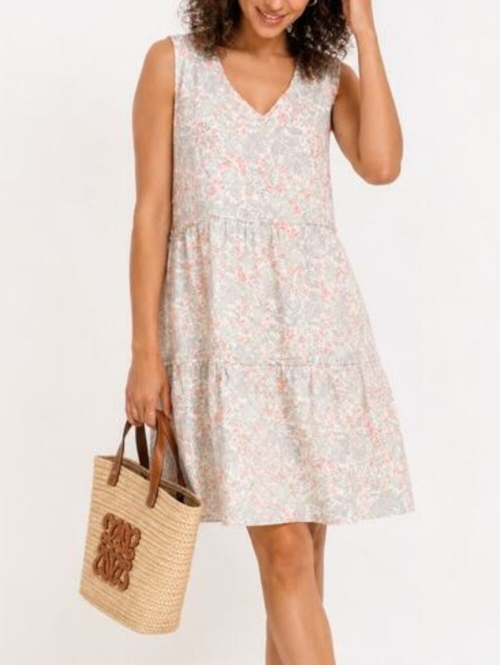 Joie floral linen tiered sleeveless mini dress with a V-neck